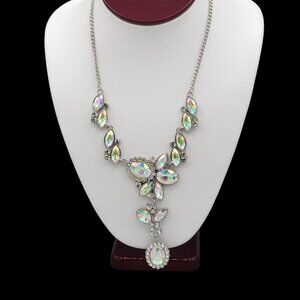 Iridescent Crystal Statement Pendant Necklace Floral Design Silver Tone Adj